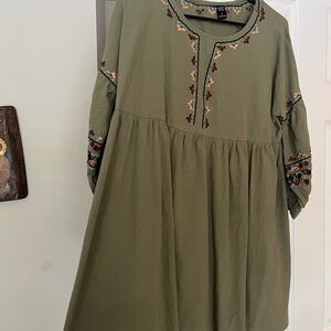 Elegant Olive Embroidered Long Sleeve Dress